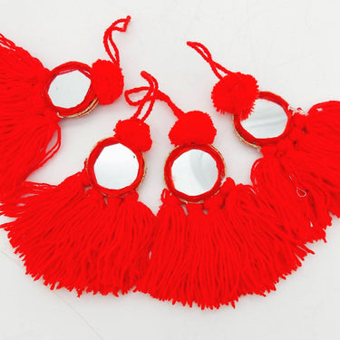 Mirrored Red Wool Tassels, Red Pompom Mirror Tassel, Handmade Latkan Boho